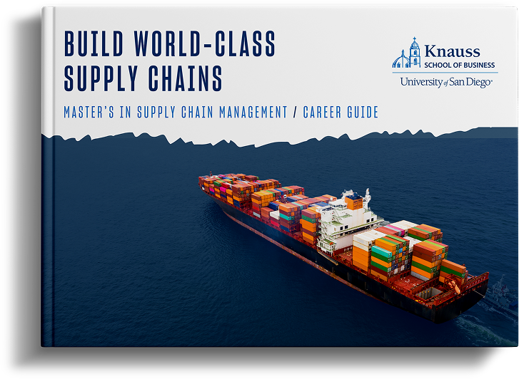 Cover of a career guide featuring a large cargo ship loaded with colorful containers at sea, promoting a master's in supply chain management from the Knauss School of Business, University of San Diego.
